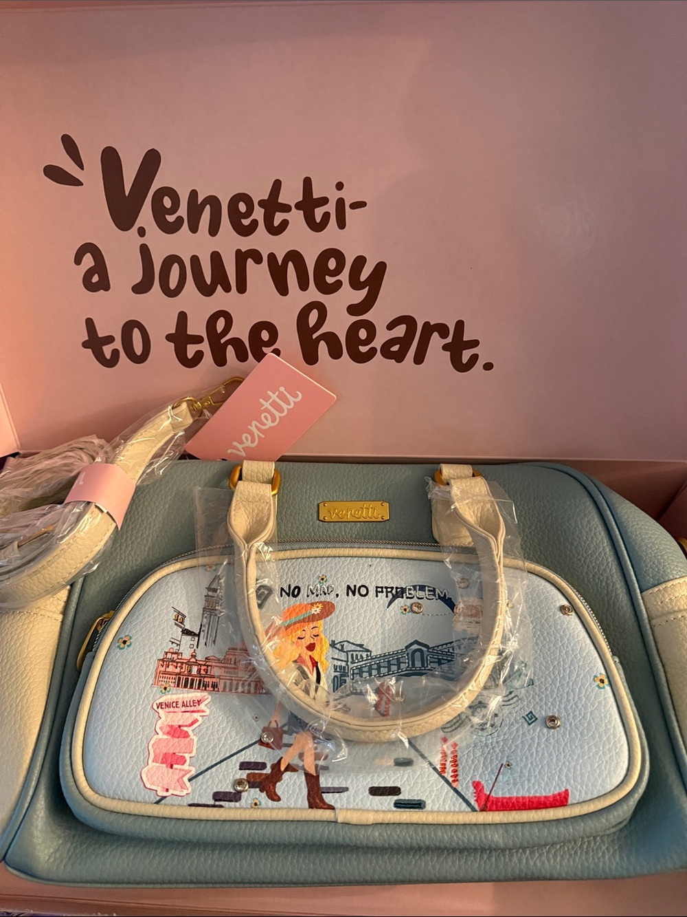Venetti Blue & Cream Satchel with Graphic Travel Print